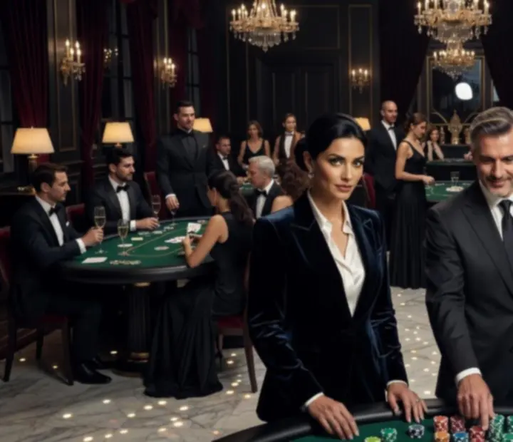 Zespół Wonderstar s. r. o. podczas luksusowego wieczoru casino z eleganckimi stołami i gośćmi