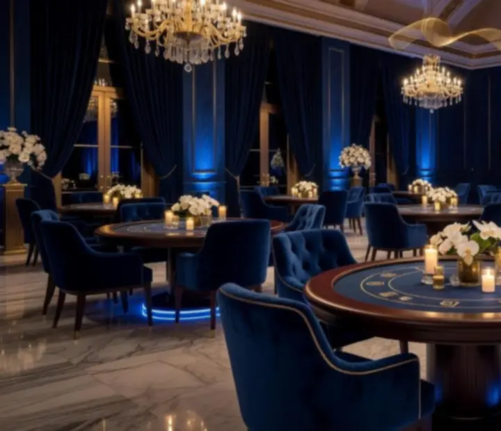 Kinowa scenografia luksusowego wieczoru pokerowego z eleganckim oświetleniem i dekoracjami
