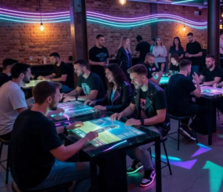 Nowoczesny event tematyczny w klubie z kasynową scenografią i efektami świetlnymi