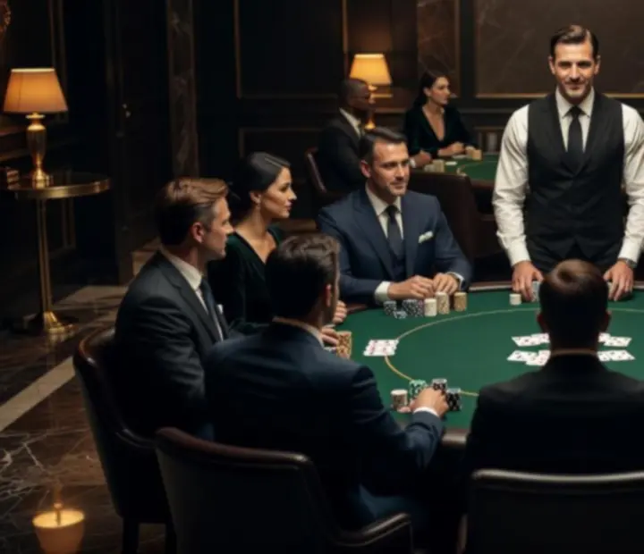 Profesjonalny wieczór pokerowy z eleganckim stołem i skupionymi graczami